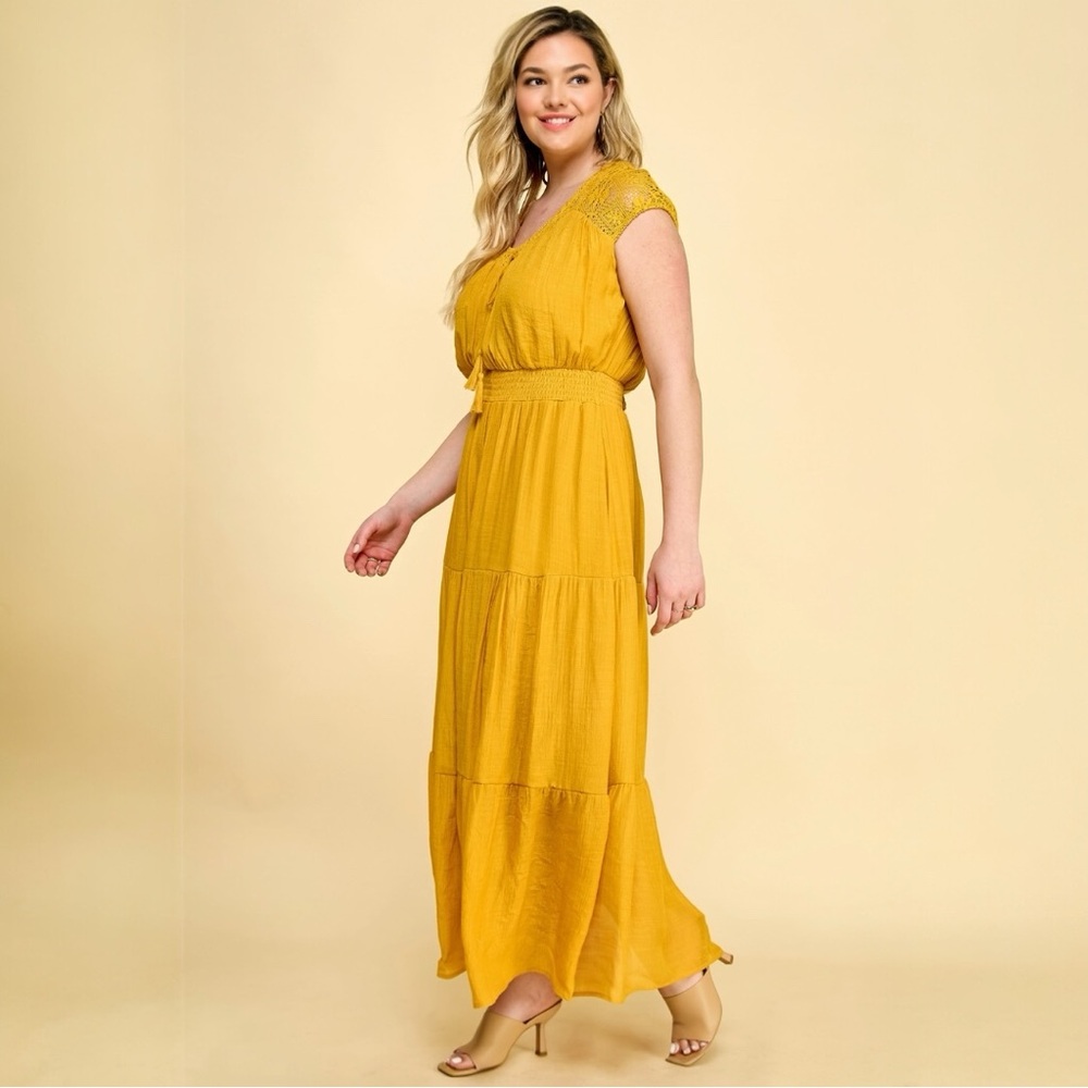 NEW Plus Size Lace Smocked Waist Tier Maxi in Yellow 2X
